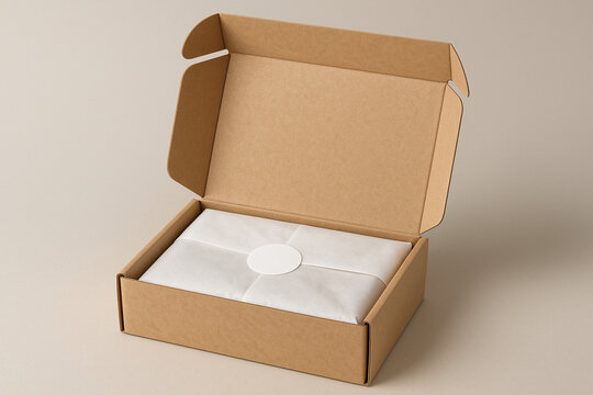 Open cardboard shipping box with a product wrapped in tissue paper and a blank sticker