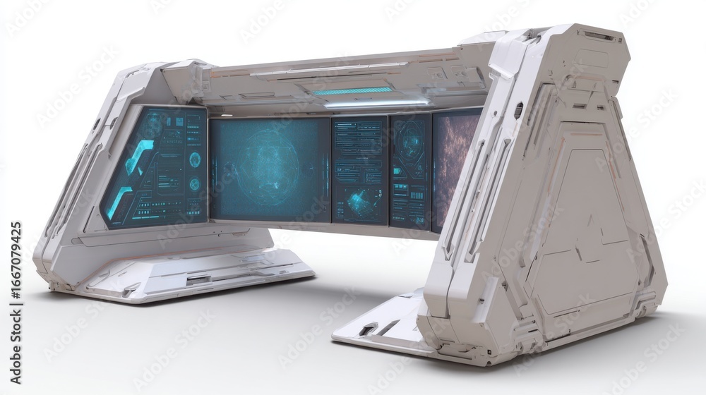 Poster a sleek futuristic workstation features multiple advanced display screens showcasing data and graphi