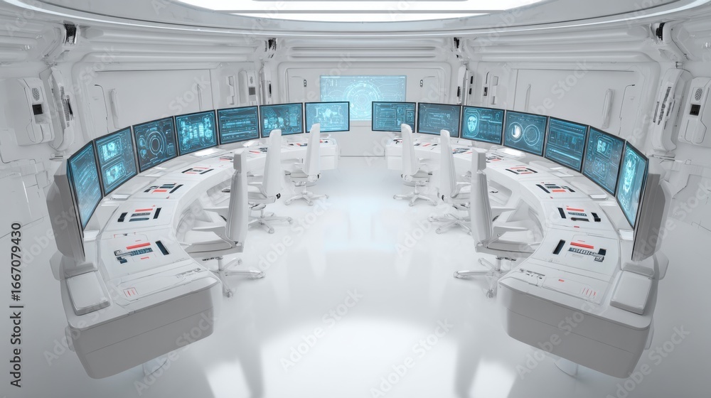 Poster in a high-tech control room, multiple workstations feature several large screens displaying data and