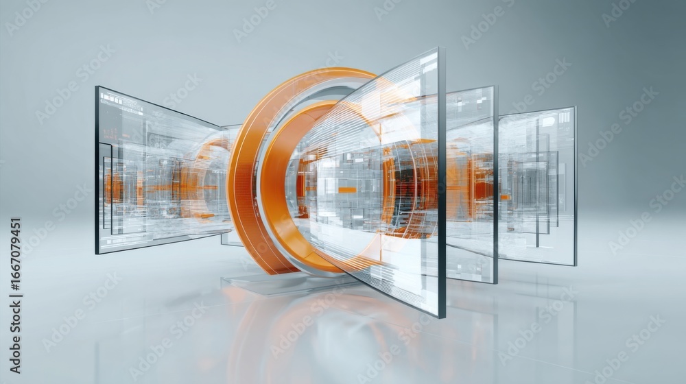 Poster futuristic visual featuring layered transparent panels and circular elements, illuminated with orang