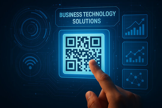Business technology solutions with digital QR code and futuristic interface for secure data access and smart analytics