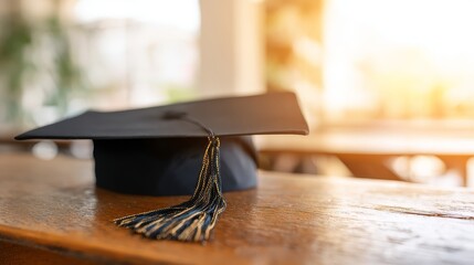 Single graduation cap with tassel detail placed on wooden surface in soft window light, shallow depth of field, warm academic and education success concept