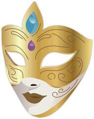 Elegant golden carnival mask with decorative gems and ornate patterns, ideal for masquerade designs, Venetian themes, luxury invitations, and festive projects.