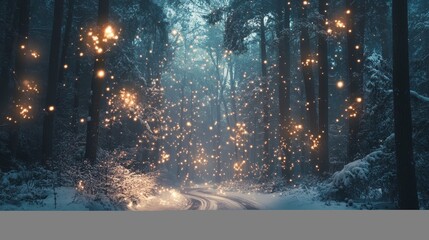 Celebrate new year 2026 with sparkling light trails in a winter wonderland forest scene