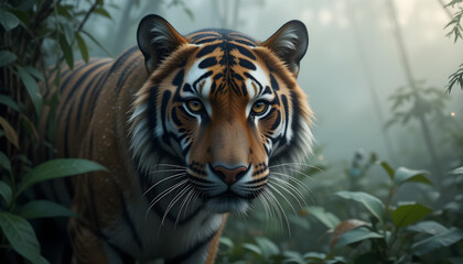 Fototapeta premium Majestic Bengal Tiger in Lush Jungle Habitat: Wildlife Photography