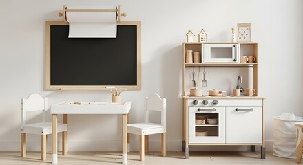 Modern Childrens Room Interior with Blackboard Play Kitchen and Creative Workspace for Learning and Playful Development