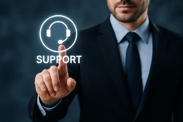 Business professional activating customer support icon with headset graphic symbolizing service helpdesk assistance and client communication