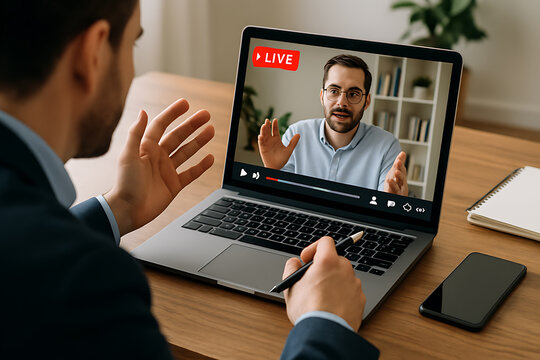 Business professional attending live video conference on laptop for remote meeting communication and online collaboration in modern workspace