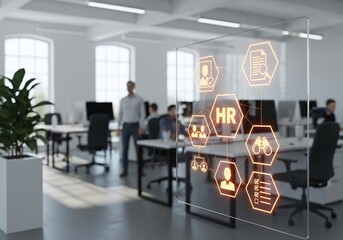 A modern office with HR icons, showing the future of human resource management.