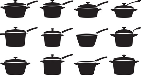 Black Vector Silhouette of a Cooking Pot with Lid on White Background