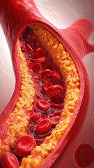 Fototapeta premium Microscopic view of artery tissue, fatty plaque deposits attached to vessel wall, narrowed lumen, red blood cells flowing with obstruction, medical research illustration.
