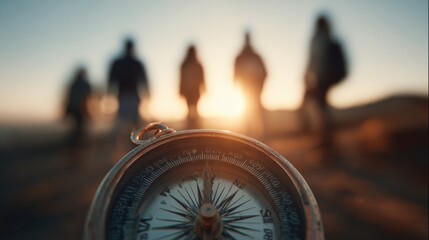 A group of hikers stands silhouetted against a vibrant sunset. In the foreground, a compass points toward the horizon, symbolizing adventure and exploration in nature.