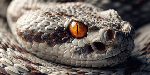 Fototapeta premium Close-Up of a Coiled Snake with Detailed Scales and Piercing Orange Eyes