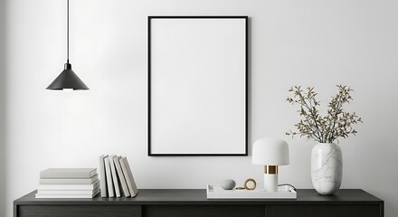 Modern Interior Design with Blank Frame Books and Decorative Objects for Mockup Presentation in Minimalist Style Room