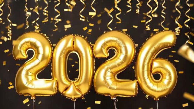 Golden balloons with “2026” float gracefully as shimmering confetti falls against a deep black background, creating a cinematic, festive, and elegant celebration of the new year scene