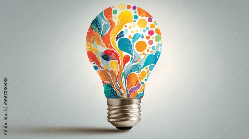 Poster a unique light bulb features an explosion of colors and swirling patterns. the design embodies creat
