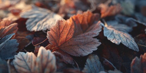 Close-Up of Frozen Autumn Leaves Showing Intricate Ice Crystals