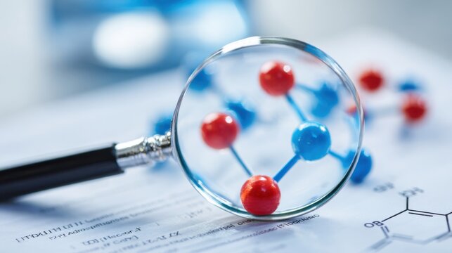 A magnifying glass focuses on a colorful molecular model comprised of red and blue spheres, placed on a laboratory table next to scientific papers.