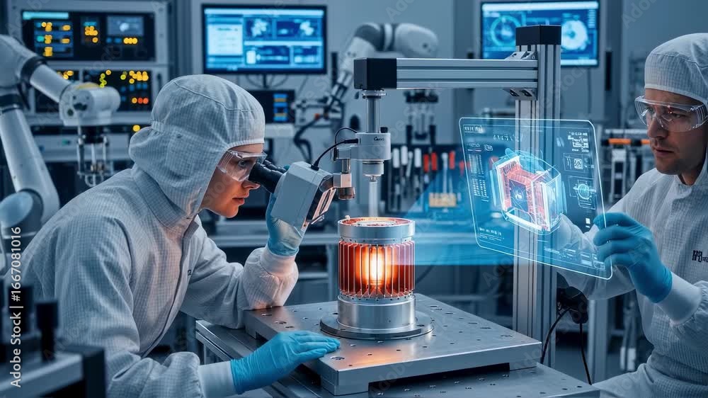 Poster hightech laboratory image featuring scientists inspecting a radioisotope thermoelectric generator he