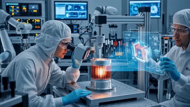 Hightech laboratory image featuring scientists inspecting a radioisotope thermoelectric generator heatsource encapsulation cell for quality control.