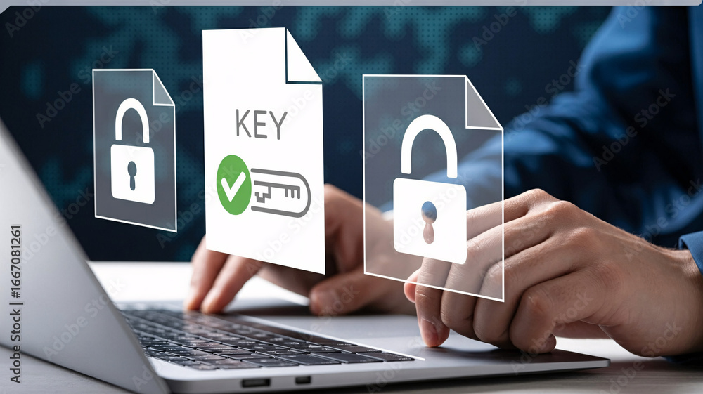 Aufkleber professional cybersecurity expert securing data with encryption key on modern laptop device