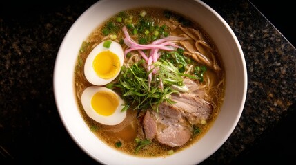 Steaming bowl of ramen with sliced pork and soft-boiled egg, appetizing overhead 45-degree view under restaurant kitchen lighting, delicious Asian cuisine concept