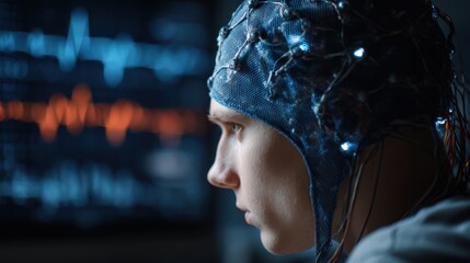 Side view of a user with an advanced brainwave sensor cap digital streams of information in bokeh glow illustrating cognitive signal processing.