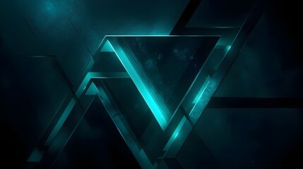 Layered Metallic Triangles with Neon Cyan Glow – Sharp Edges, Geometric Intersections, Dark Mysterious Background, Reflective Blue-Green Undertones