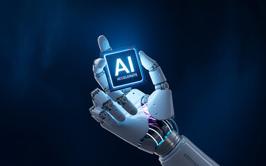 Robotic hand holding an ai accelerate chip on dark background on transparent background
