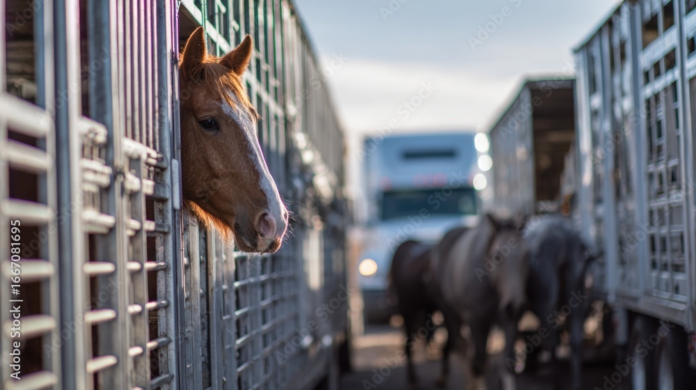 Poster focused medium shot of a multicompartment trailer transporting horses with the main trailer details 