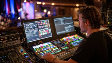 A lighting engineer focuses on the control board while managing lights and visuals during an evening live performance. Dimming settings and effects enhance the atmosphere for the audience.