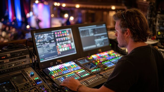 A lighting engineer focuses on the control board while managing lights and visuals during an evening live performance. Dimming settings and effects enhance the atmosphere for the audience. - Powered by Adobe