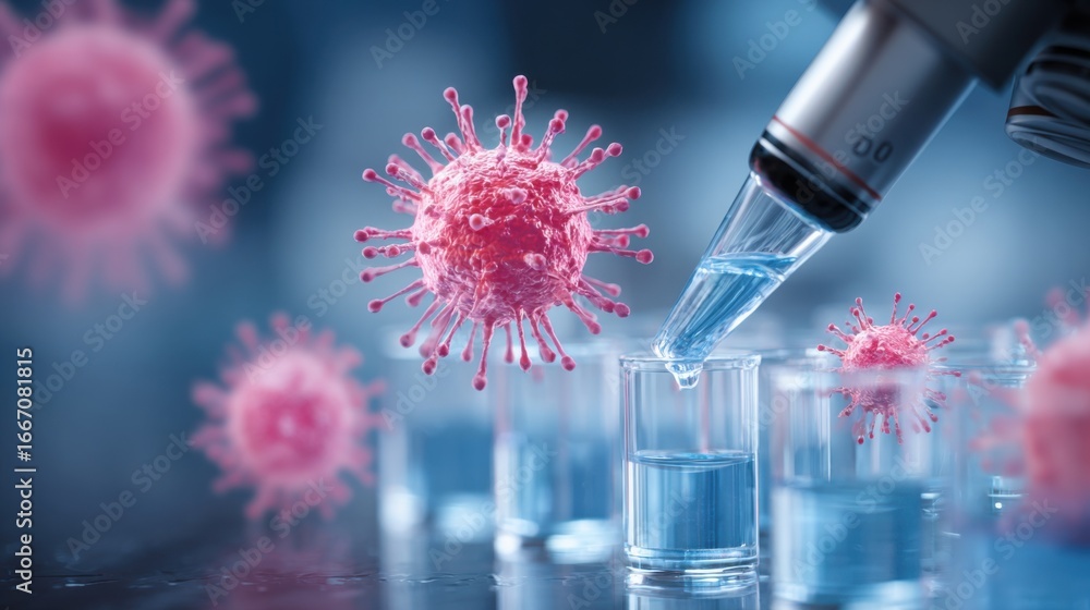 Poster a researcher uses a pipette to transfer liquid while analyzing intricate virus particles under a mic