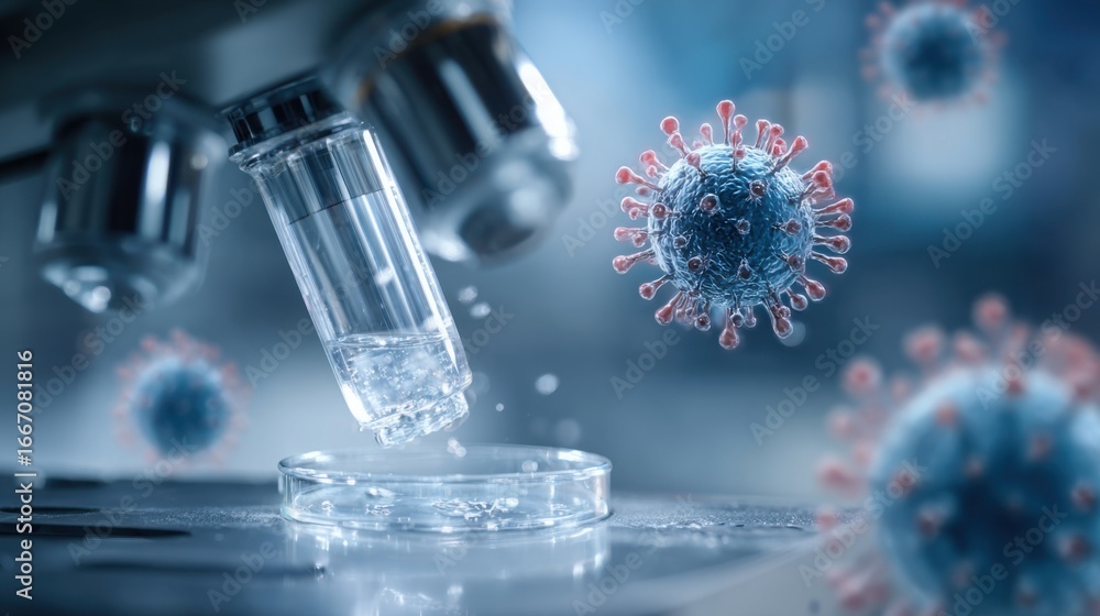 Poster a research scientist analyzes a vial of vaccine solution under a microscope while 3d virus models fl