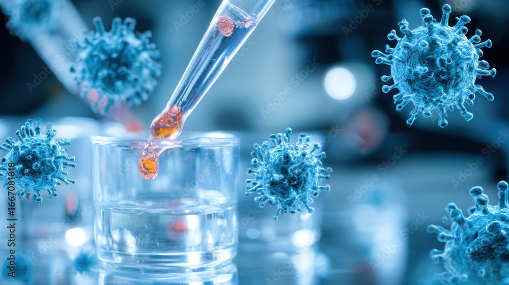 Poster a laboratory setting showcases a scientist using a pipette to transfer liquid into a glass container