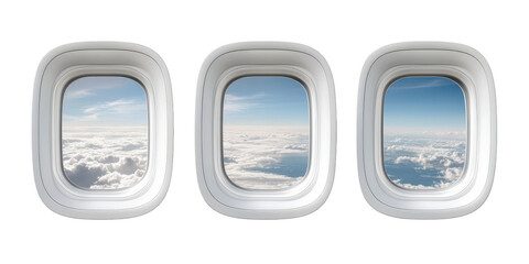 Three airplane windows with sky view on transparent png background