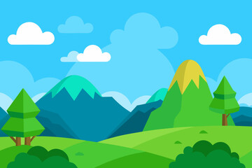 Obraz premium Stylized flat design landscape with green hills mountains and clouds