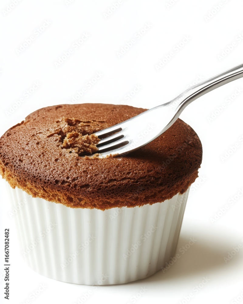 Poster chocolate souffl? in a white ramekin with a fork inserted, ready to be served and enjoyed