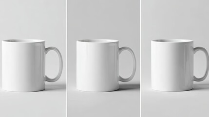 Three blank white mugs on a neutral background.