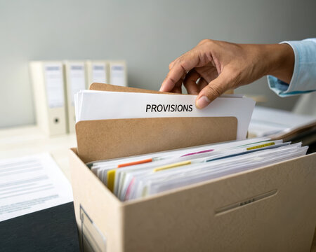 Hand placing document labeled provisions into file folder organized office workspace business management paperwork professional efficient calm atmosphere close up