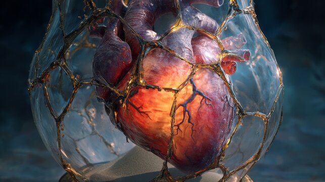 Surreal glowing human heart wrapped in fragile cracked hourglass textures, symbolizing fragile life, biological time passage, mortality, and the inevitability of aging