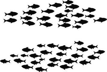 Silhouette illustration of two schools of fish swimming, marine aquatic sea life vector graphic, ocean animal group movement design for underwater scenes