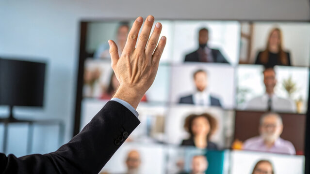 Raised hand virtual meeting online conference business leader remote work teamwork digital communication professional collaboration diverse group motivation