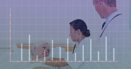 Monitoring senior patient chest with stethoscope by doctors in hospital ward featuring data overlay