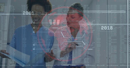 Doctor and nurse in uniform reviewing charts on clipboard at clinic, stethoscope, timeline overlay