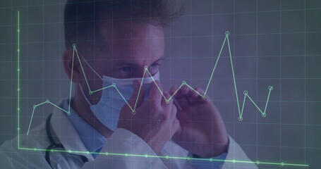 Adjusting labcoat-clad doctor donning surgical mask in clinic, with stethoscope and chart overlay