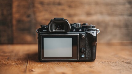 A digital camera sits on a rustic wooden table, showcasing its sleek design. The warm atmosphere hints at an inviting afternoon, perfect for photography.