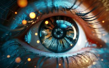 Close up of an eye with digital elements and glowing orbs on transparent background