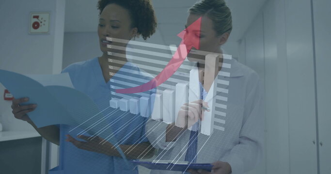 Labcoat doctor and scrub nurse analyzing data in hall with clipboard, blue folder and chart overlay