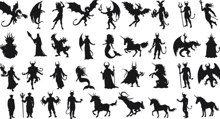 Fantasy silhouettes collection, including dragons, demons, unicorns, mermaids, evil creatures, mythical characters, magical monsters, perfect vector set for fantasy artwork
